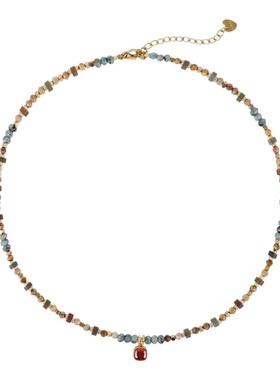 复古天然石方糖吊坠串珠项链