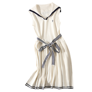 大于诗集 旧日海风 撞色海军风V领条纹腰带无袖连衣裙百褶裙短裙