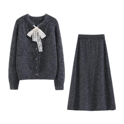 班尼路针织休闲套装女秋冬新款韩版系带外套中长款半身裙两件装QW