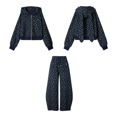 【雪兔花事】Uena藏青色碎花兔耳朵连帽加绒卫衣休闲弯刀卫裤套装