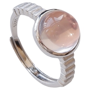 戒指女小众设计亮面磨砂S925纯银天然粉晶芙蓉石戒指指环素圈戒指