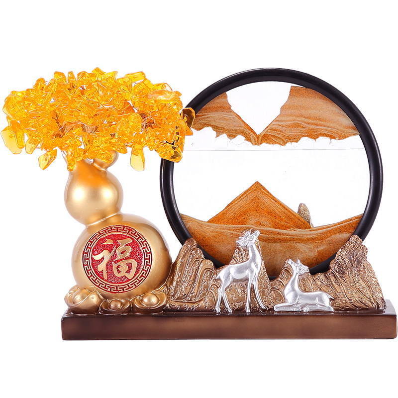 招财葫芦对鹿摆件流沙画沙漏水晶乔迁新居客厅玄关酒柜轻奢装饰品