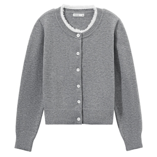 热风miu系针织衫上衣2025年冬款女士花边格雷系灰色打底内搭外套