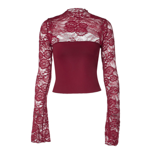 gusty纯欲辣妹蕾丝拼接镂空长袖上衣欧美御姐风性感半透打底衫T恤
