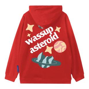 WASSUP HEODS潮牌卡通星球卫衣男秋冬宽松休闲新年红情侣连帽上衣