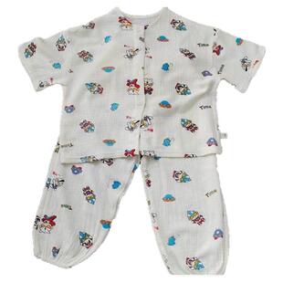 2025夏季儿童棉纱家居服男童双层绉纱睡衣圆领短袖长裤空调服套装