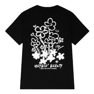 ins重磅字母花卉印花短袖T恤男女夏季潮牌宽松慵懒风情侣款上衣服