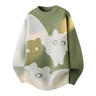 稻草人2025秋冬季新款男款复古圆领潮猫头休闲韩版加厚毛衣针织衫