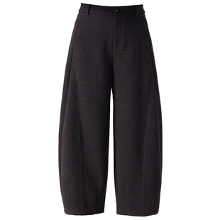 紫色高腰毛呢哈伦裤女秋冬宽松显瘦羊毛裤子休闲小个子九分灯笼裤