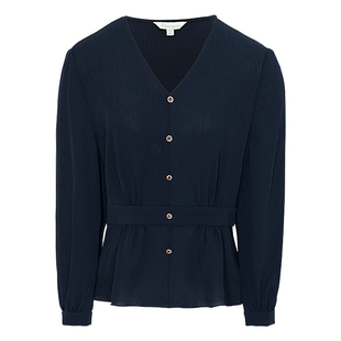 JESSIE2025年秋季新款高级感蓝色衬衫女长袖收腰V领气质百搭上衣