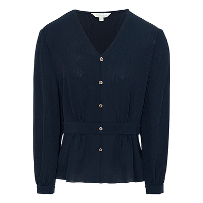 JESSIE高级感收腰V领蓝色衬衫女