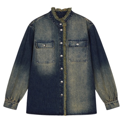 ASH女装秋冬款FRIAR复古水洗纯棉立领长袖牛仔衬衫