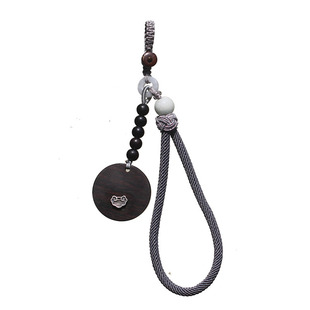 如意长命平安锁汽车钥匙扣 汉风祈福礼物黑檀木镶银手机挂件 刻字