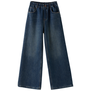 女大童加绒牛仔直筒裤2025冬季新款青少年慵懒保暖休闲裤学生长裤