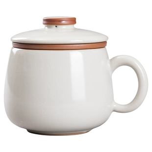 米黄汝窑办公杯茶水分离马克杯大容量泡茶杯陶瓷家用带盖复古水杯