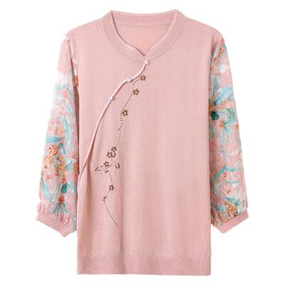 妈妈装春秋洋气针织小衫新款中老年女春夏薄款七分袖t恤纱袖上衣