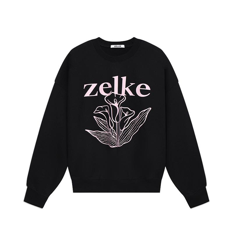 ZELKE春韩国线描印花黑色卫衣女