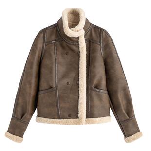 【沈梦辰同款】Marc Moore棕色皮毛一体立领加厚夹克短外套