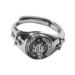 男戒指高级感复古祈祷之手男生开口可调节潮人个性男士指环饰品