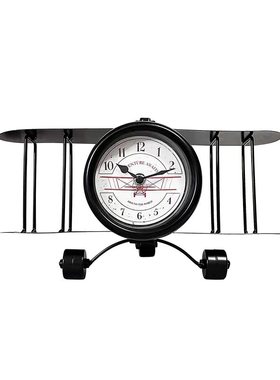 ins欧式铁艺桌面飞机时钟创意复古办公室卧室书房客厅装饰摆件