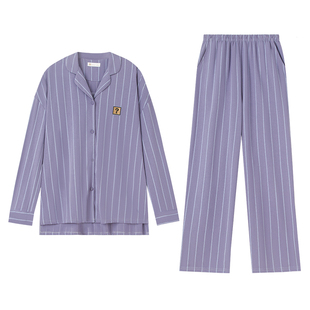 妮狄娅秋季情侣睡衣女纯棉长袖男简约开衫条纹春秋时尚家居服套装