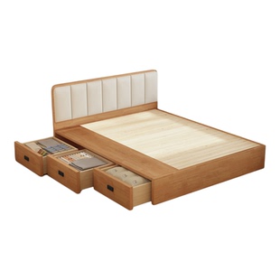 实木薄床头原木色榻榻米储物床主卧三抽高箱储物床1.5m静音双人床