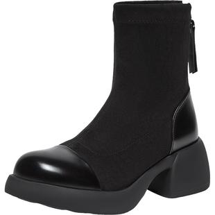 百思图2025冬季商场新款黑色弹力瘦瘦靴粗跟显瘦女短靴O3982DZ5