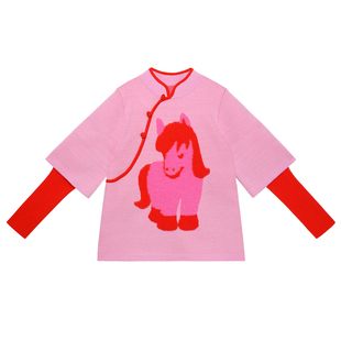 pocoblush【爱心小马】新中式拜年服毛衣秋冬男女童红色刺绣上衣