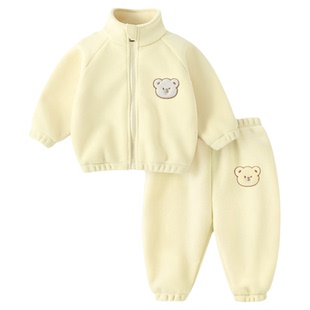 婧麒宝宝摇粒绒套装春秋加绒保暖婴幼儿衣服男女童两件套儿童春装