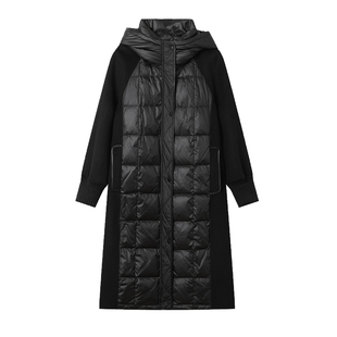 白鹿语拼接毛呢长款女式羽绒服冬新款温暖立领连帽鸭绒外套