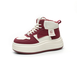 红色运动高帮鞋女款加绒2025冬季新款女士厚底休闲小白旅游鞋软底