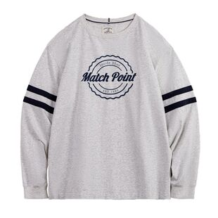 马登工装美式条纹刺绣圆领卫衣灰色薄款正肩无帽通勤长袖T恤男春