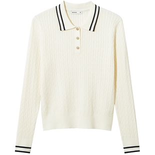 热风女士学院风针织衫2025年秋季新款绞花老钱风翻领打底针织衫