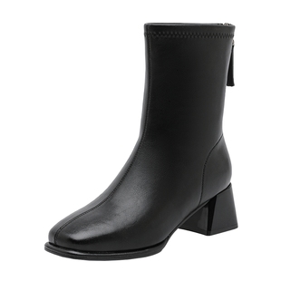 达芙妮高跟中筒靴子女2025新款秋冬真皮小个子增高粗跟方头时装靴