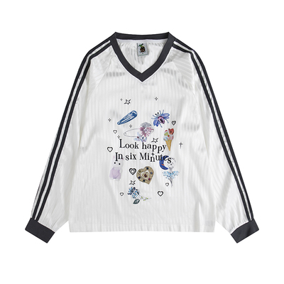 长袖潮条纹卡通球衣情侣趣味上衣