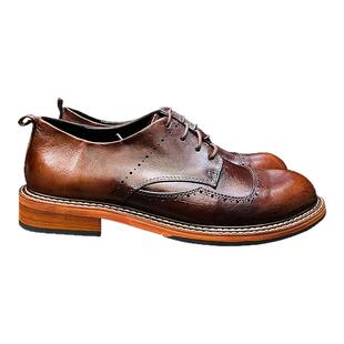 复古英伦风低帮真皮圆头德比男鞋厚底休闲纯大头层牛皮工装皮鞋男