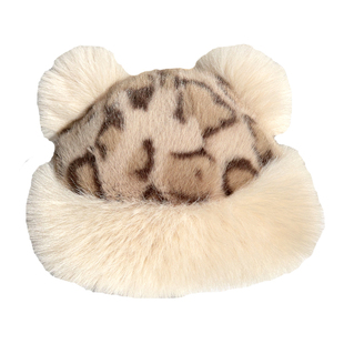 小熊耳朵豹纹毛绒蒙古帽仿皮草围巾帽子女冬季加厚保暖护耳包头帽