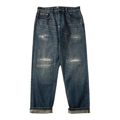 重磅水洗破洞红边牛仔长裤男