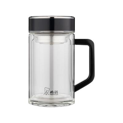 希诺双层玻璃杯带把办公室泡茶杯子男带手柄高档茶杯个人专用水杯