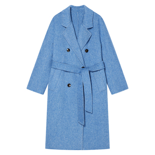 Goodland美地蓝色大衣女长款真丝羊毛兔毛呢子外套LC34580240