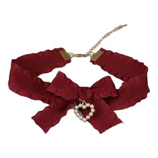 红色蝴蝶结爱心chocker女颈带秋冬项链圣诞颈链洛丽塔锁骨链配饰