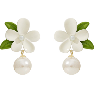 清新白色栀子花耳钉法式白花嫩绿耳环高级感珍珠耳坠温柔超仙耳饰