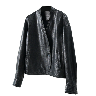 高级感油蜡头层2026超火真皮皮衣外套女绵羊皮短款宽松皮夹克v领