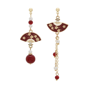 新中式樱花古风耳环红色扇形不对称长款流苏925银耳钉耳夹女耳饰