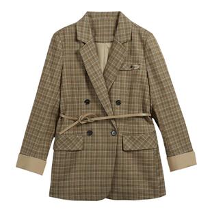 UnBleu西装外套女春秋新款宽松复古非正式女装格子显瘦西服上衣