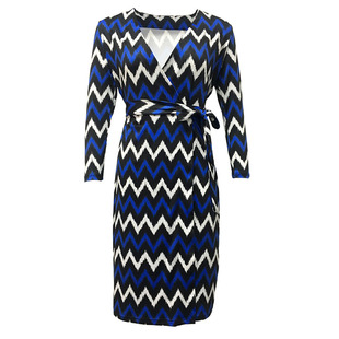 DI DVF裹身裙2023夏季女装欧美蓝白波浪显瘦修身连衣裙博主同款