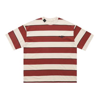 XBRO美式350g重磅条纹复古vintage无性别宽松开衩五分袖T恤夏短袖