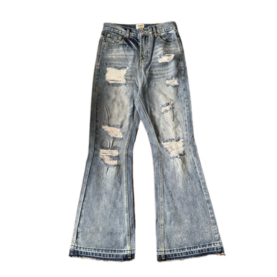 猫须破洞毛边微喇牛仔裤男美式高街直筒蓝色喇叭流苏加长裤子夏季