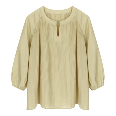 Basic House/百家好V领竖条纹衬衫女夏季中袖显瘦优雅气质上衣