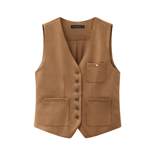 拉夏贝尔/La Chapelle复古麂皮绒马甲背心女秋冬新款外搭坎肩上衣